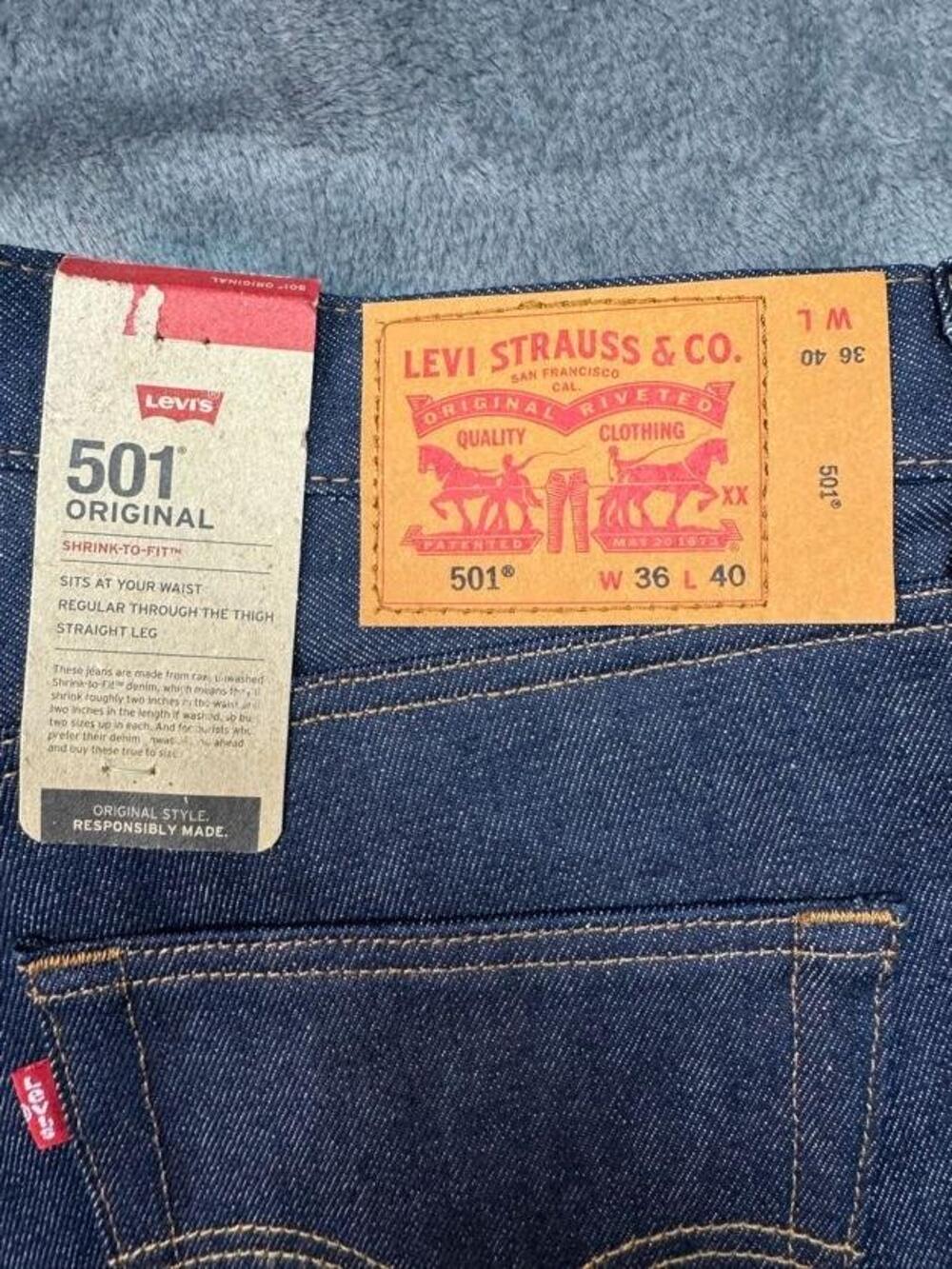 Levi's 501 Jeans Mens 36x40 Blue Raw Shrink-to-Fit Straight Button Fly Denim